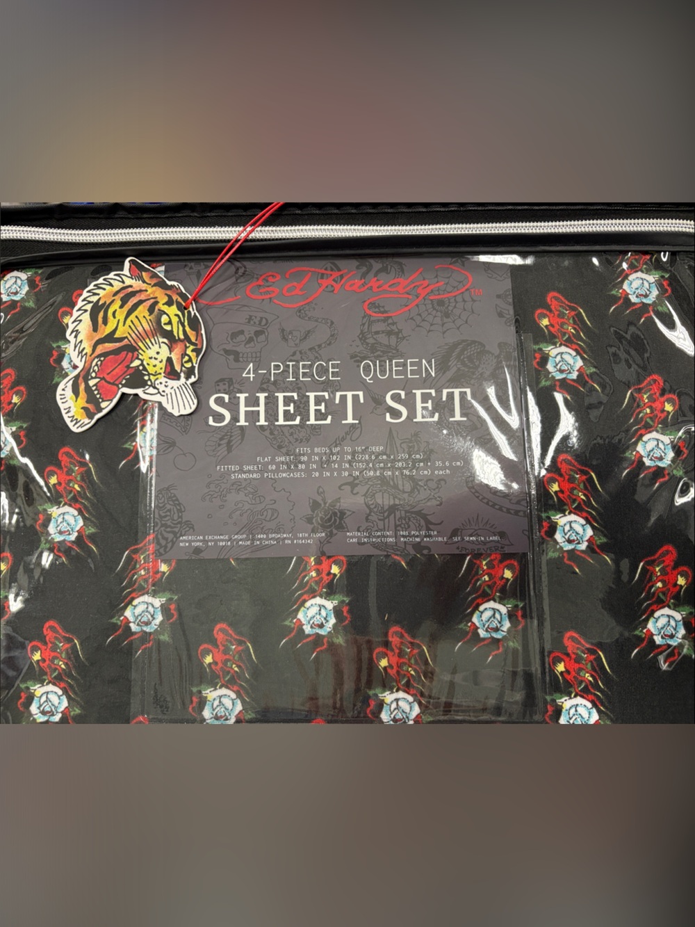 Ed Hardy Black Sheet Set with Red Flame & Blue Floral Accents queen 4 piece set